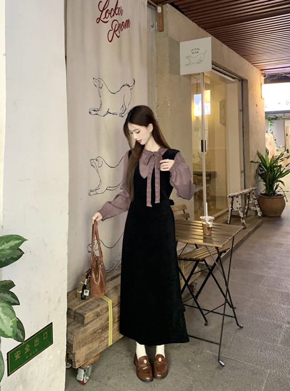 Korean lace ribbon shirt + corduroy V-neck vest dress suit