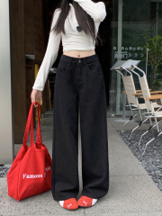Black wide-leg jeans for women in early autumn new high-waisted and versatile loose straight-leg floor-length mopping pants