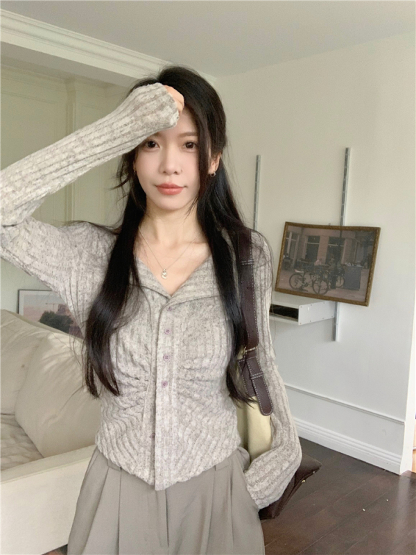 Early autumn new pure lust style lapel long-sleeved knitted cardigan slim fit top for women