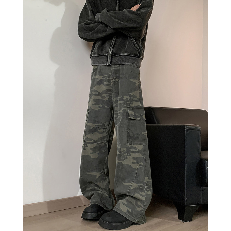 Autumn and winter new camouflage work jeans men's trendy high street loose straight casual multi-pocket long trousers