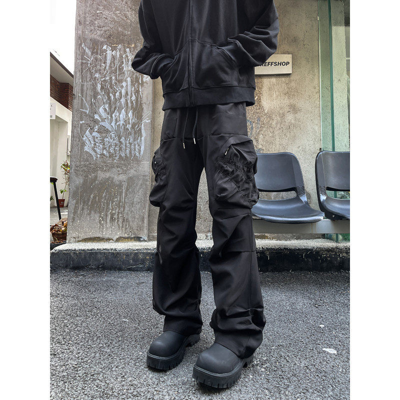 American multi-pocket overalls, retro loose pleated casual straight pants