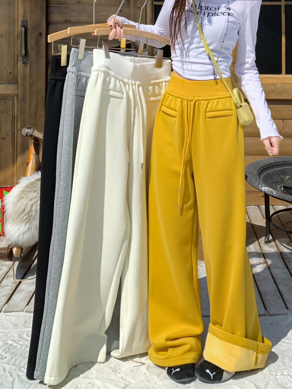 Women's wide-leg trousers with velvet drawstring pockets, loose trousers, casual trousers, and floor-length trousers