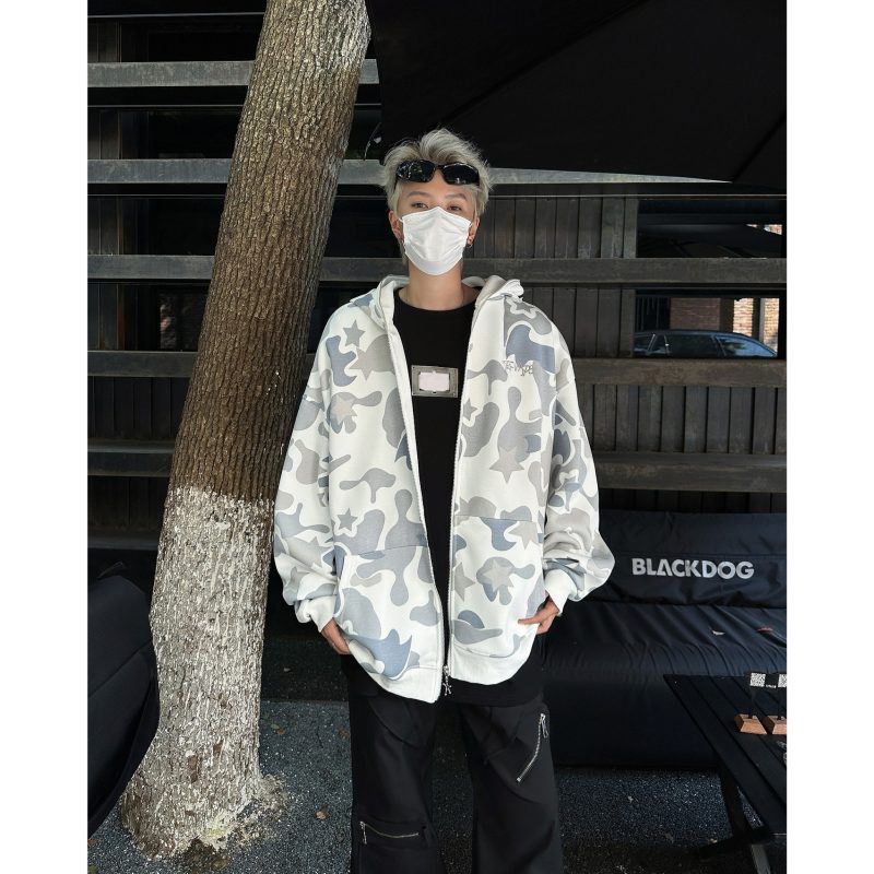 American high street double hood camouflage zipper sweatshirt jacket spring and autumn trendy brand hoodie