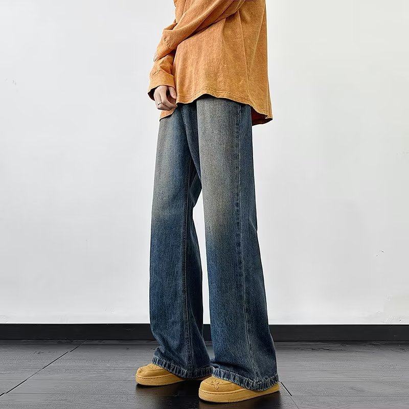 Distressed retro jeans men's American high street design trendy brand loose wide-leg long pants