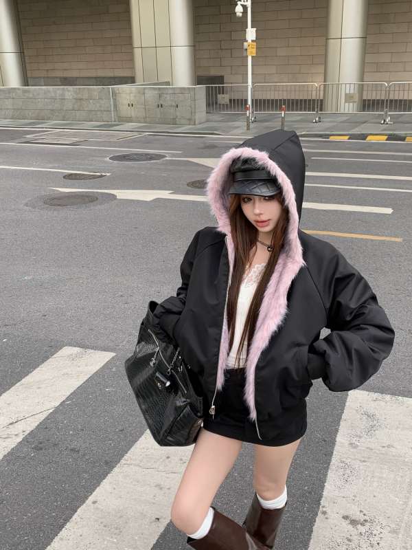 Reversible pastel fur coat autumn and winter sweatshirt with lace inner