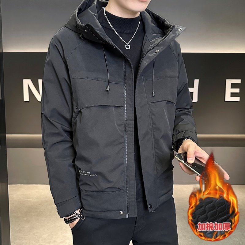 Autumn and winter second-cotton hooded jacket, Korean style fashionable and versatile youth workwear jacket with cotton and thickened cotton coat for men