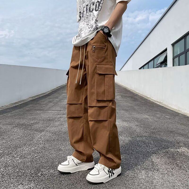 Solid color American high street overalls summer loose casual trousers trendy loose youth straight spring