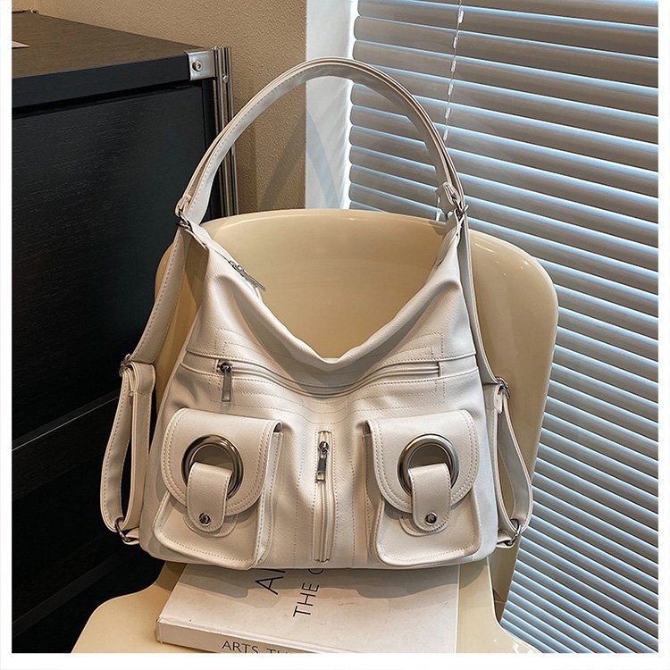 Korean style simple and personalized versatile and fashionable zipper pocket PU leather tote bag shoulder bag commuting large capacity backpack