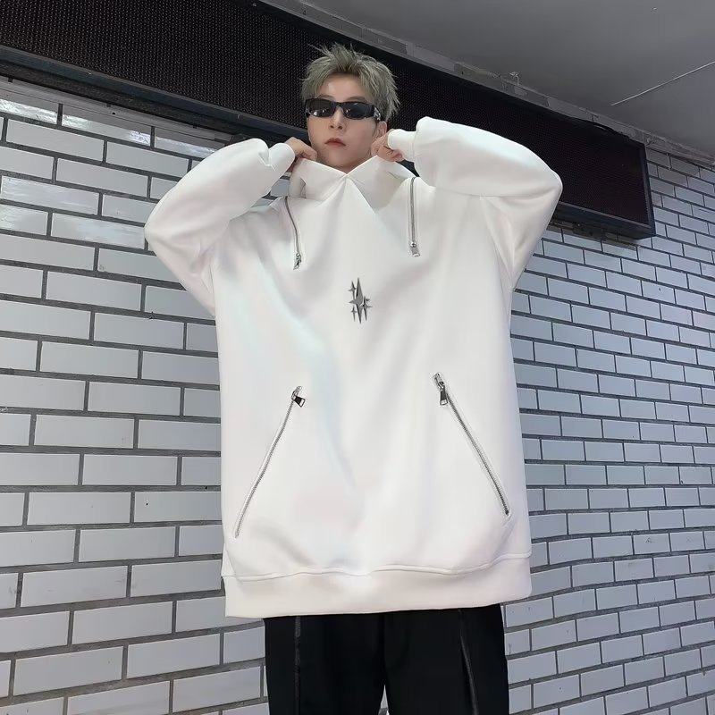 Autumn design multi-zipper hooded sweatshirt men's American high street handsome street bottoming shirt