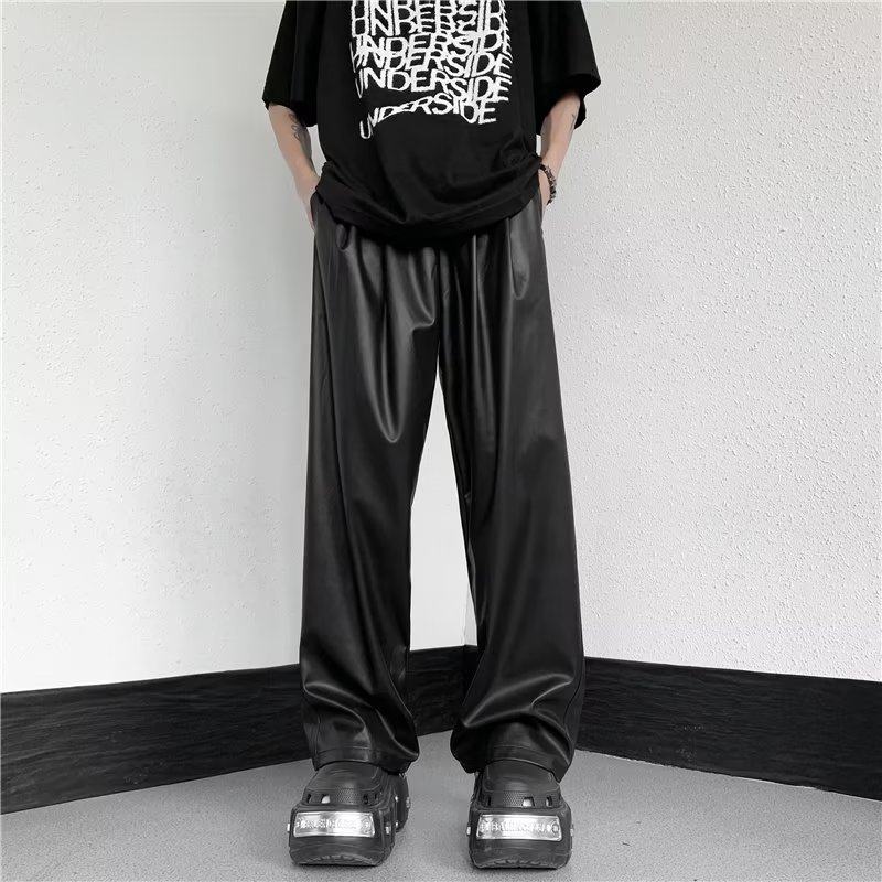 Black pants men's autumn drawstring casual straight-leg lazy style Japanese pants elastic high-waisted wide-leg pants
