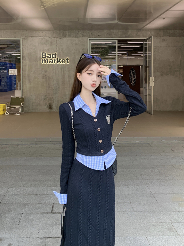 Early autumn fake two-piece tops to slim down the waist and make Korean seniors wear long skirts