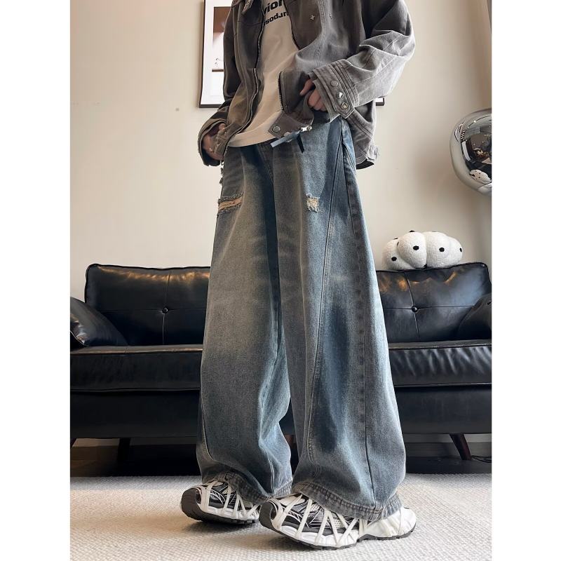 American graffiti jeans high street loose splicing wide leg washed frayed jeans for men