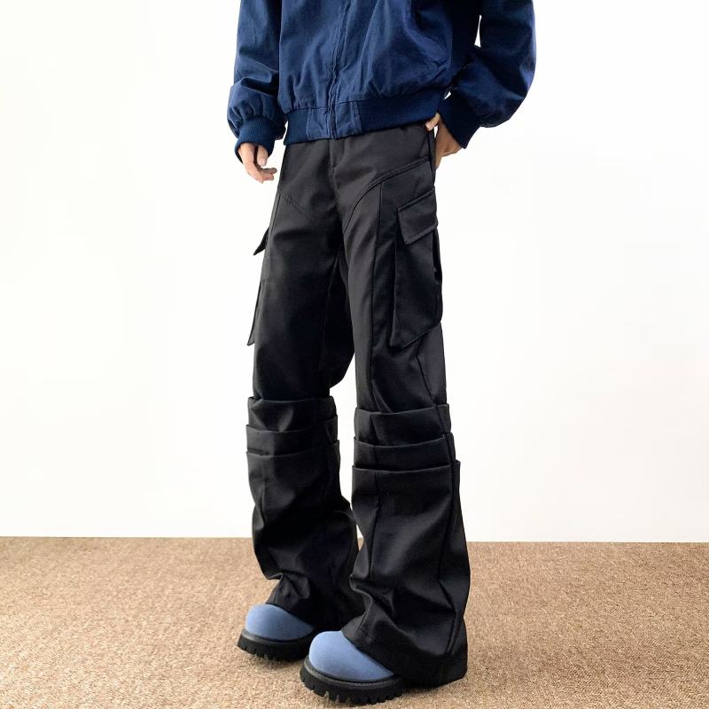 Autumn and winter American design pleated trendy overalls men's pants trendy loose straight wide-leg casual pants