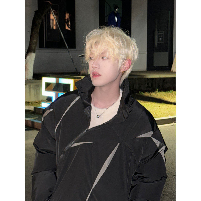Winter ins American niche design color block stand collar cotton jacket