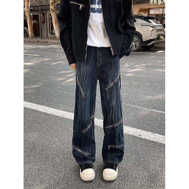 Jeans men's American high-street trendy brand handsome street tie-dye zipper loose slightly booted pants