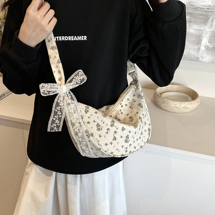 Bow floral bag for women summer 2024 new large capacity commuter crescent dumpling bag crossbody bag armpit bag