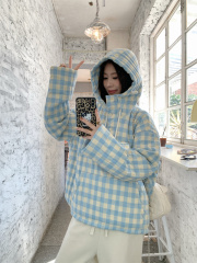 Korean style autumn and winter hooded contrasting blue plaid loose pullover cotton jacket for women