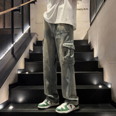 American high street retro washed distressed multi-pocket work jeans men's trendy straight pants