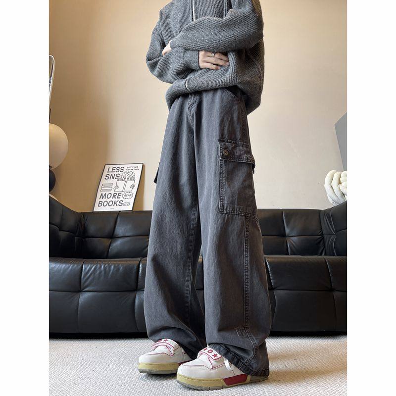 Loose casual straight work jeans for men and women, trendy brand new multi-pocket versatile washed American vibe trousers