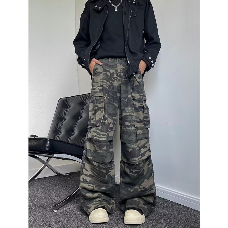 American retro camouflage jeans straight-leg pleated casual loose wide-leg floor-length trousers trendy autumn