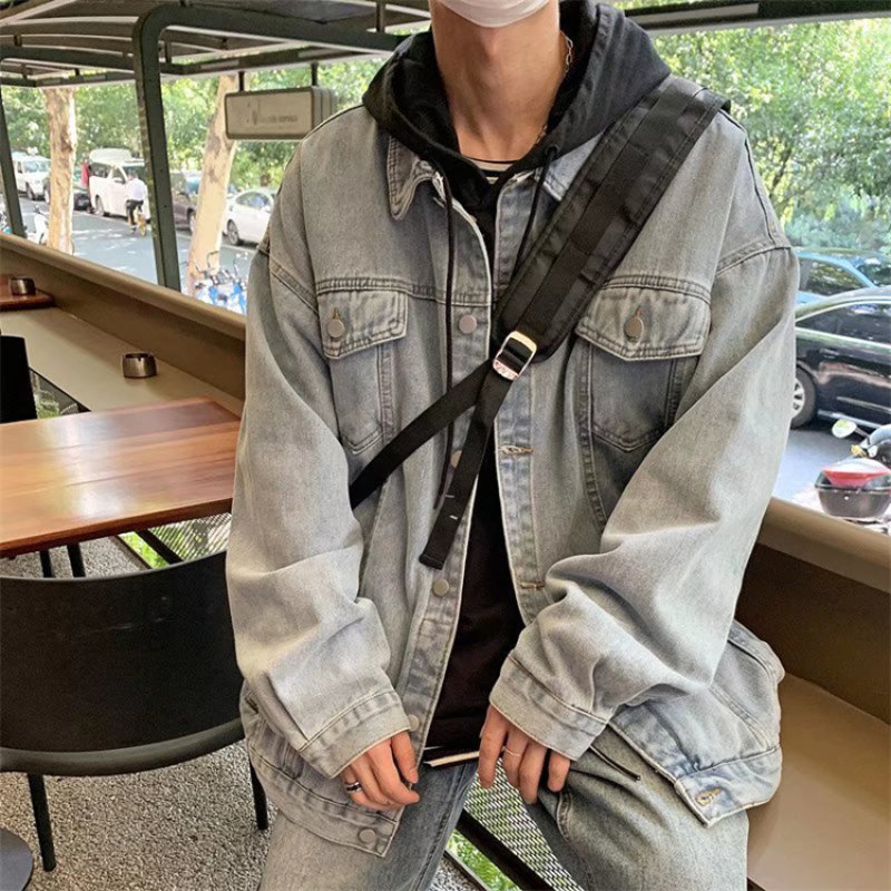 American retro washed denim jacket men's autumn and winter trendy hiphop jacket oversize niche