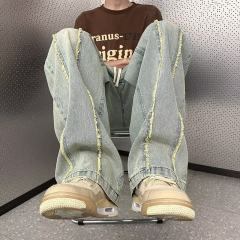 Retro jeans men's raw edge high street vibe American fashion brand spring and autumn wide-leg casual pants