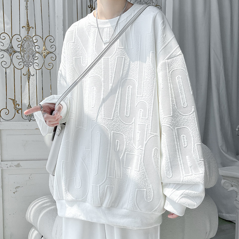 Spring Hong Kong style casual embossed pullover round neck sweatshirt for men plus size top