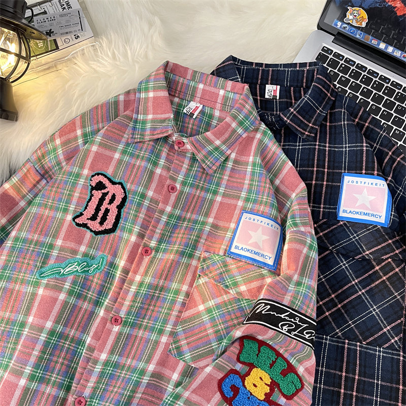 High quality autumn men's shirt striped plaid letter towel embroidered thickened jacket