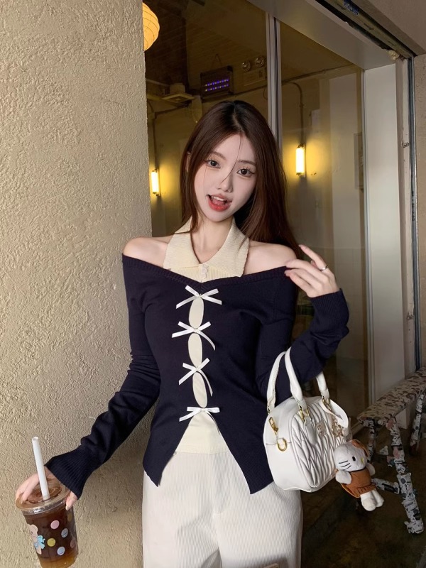 Fake two-piece spliced ​​bow long-sleeved sweater for women 2024 autumn new design sweet and spicy style halter top