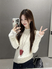 Autumn and winter half turtleneck lace shirt for women with velvet and thickening bottoming to look slimming long-sleeved and stylish inner top