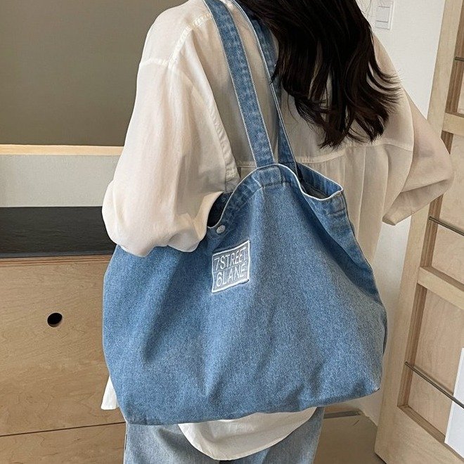 Korean version of Dongdaemun large-capacity tote denim bag 2024 new high-end embroidered letter shoulder bag trendy