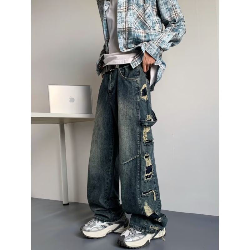 American high street ripped jeans for men Korean style trendy and versatile winter ins trousers