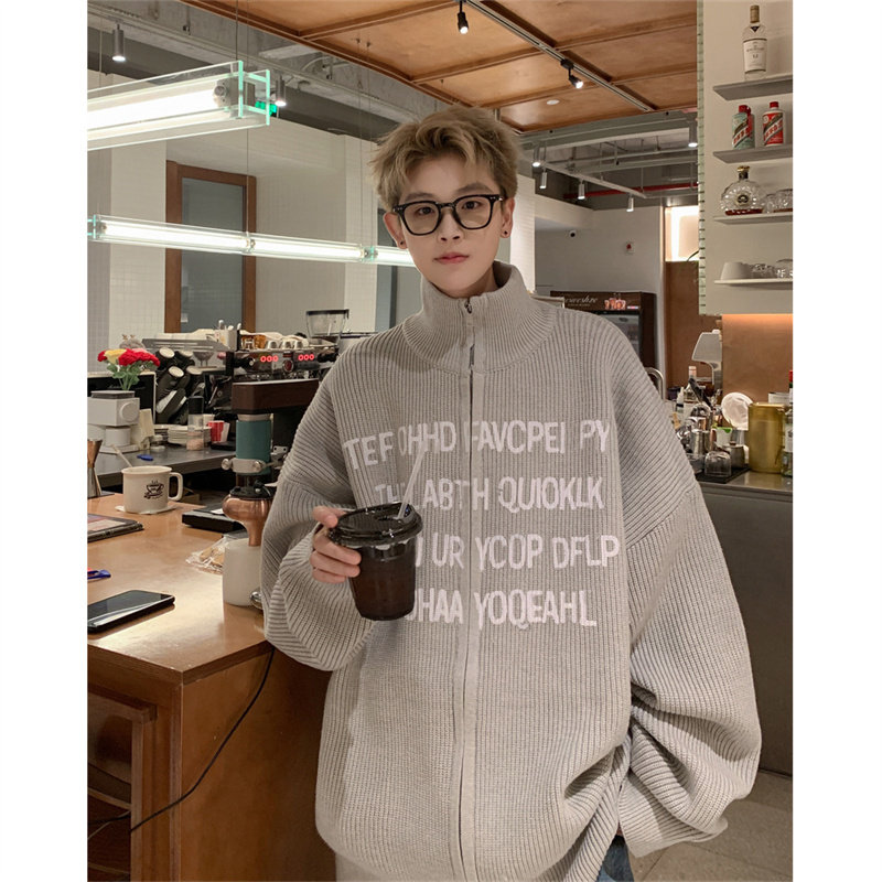 Autumn new Hong Kong style American letter printing trendy cardigan stand-up collar sweater sweater for men