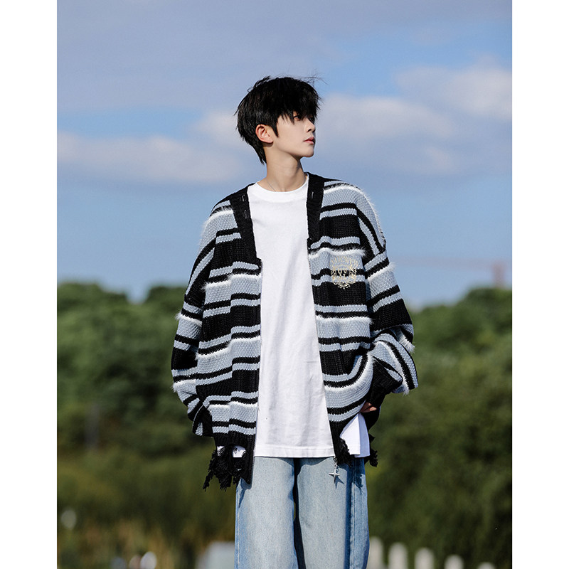 Retro striped hem ruined sweater American fashion brand loose versatile lazy style cardigan sweater jacket