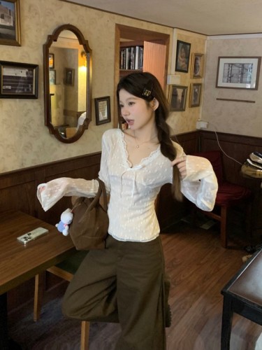 Pure Desire Hot Girl Bow V-neck Lace Pants Top Women's Short Versatile Bottoming Long Sleeve T-Shirt