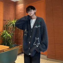 Autumn and winter American retro star cardigan sweater for men, lazy, trendy, versatile sweater, jacket, trendy