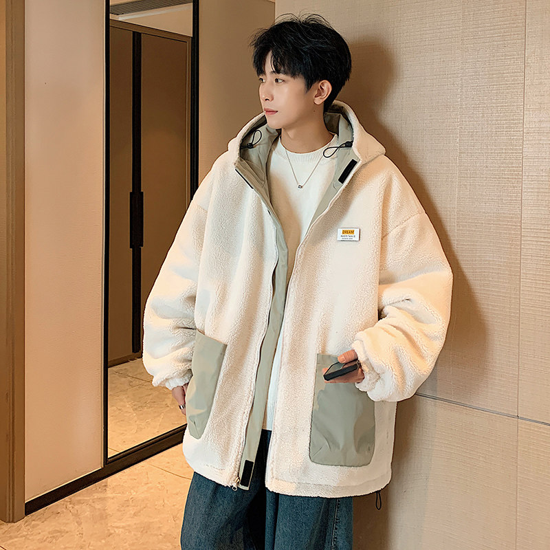 Hong Kong Style Reversible Sheep Shear Cotton Coat Men's Loose Thick Cotton Coat Jacket