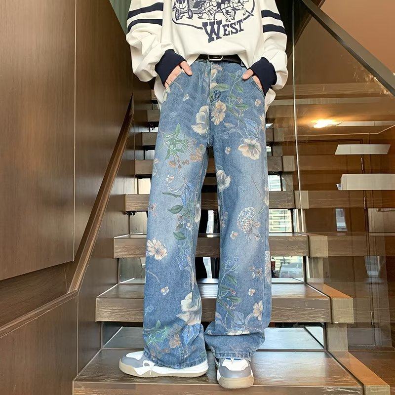 American high street jeans for men Korean style trendy personalized printed autumn and winter ins trousers