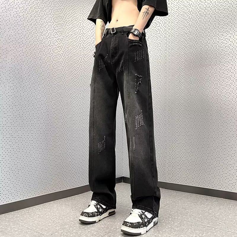 Buttoned trousers, loose, straight, lazy, trendy, straight-legged, new style, washed men's jeans