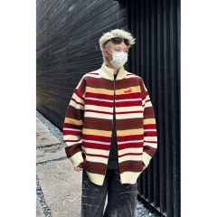 American sweater cardigan jacket men's winter all-match loose striped couple zipper sweater top