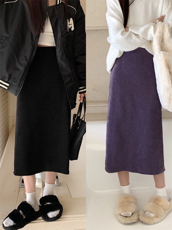 Autumn and winter Korean style versatile high-waist slimming plus velvet warm slit skirt thickened A-line bottoming skirt