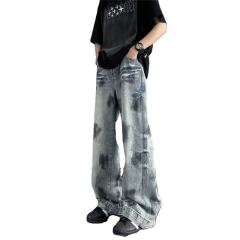 High Street Tie Dye Jeans Men's Handsome Loose Wide Leg Pants Retro Distressed Straight Pants