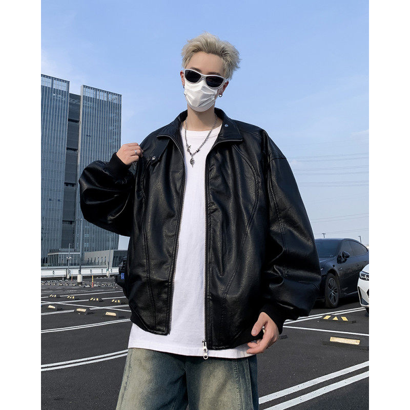American style motorcycle leather jacket for men in spring and autumn Maillard PU leather stand collar leather jacket trendy brand versatile retro casual jacket