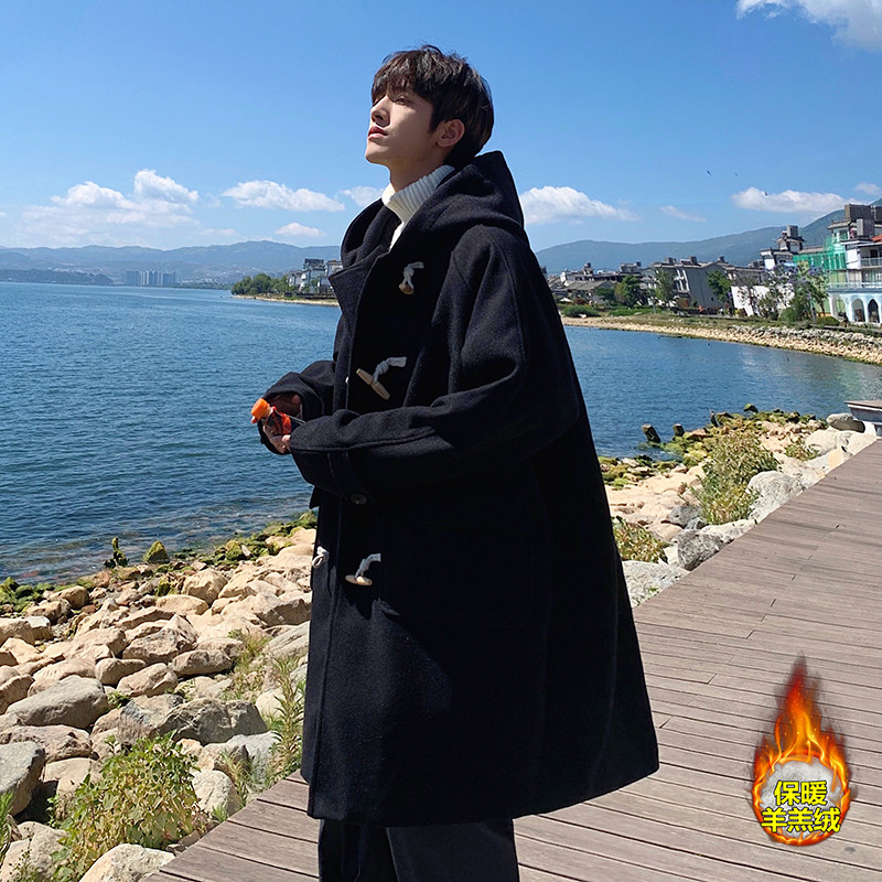 Winter Newport style horn button woolen hooded coat for men, lamb velvet and velvet thickened warm jacket