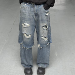 American street fake two-piece jeans for men, spring and autumn trendy brand hiphop loose washed ripped wide-leg straight pants