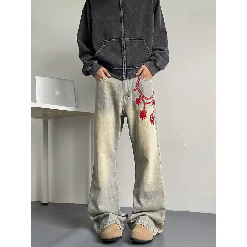 American high street jeans for men Korean style trendy handsome embroidered winter ins trousers