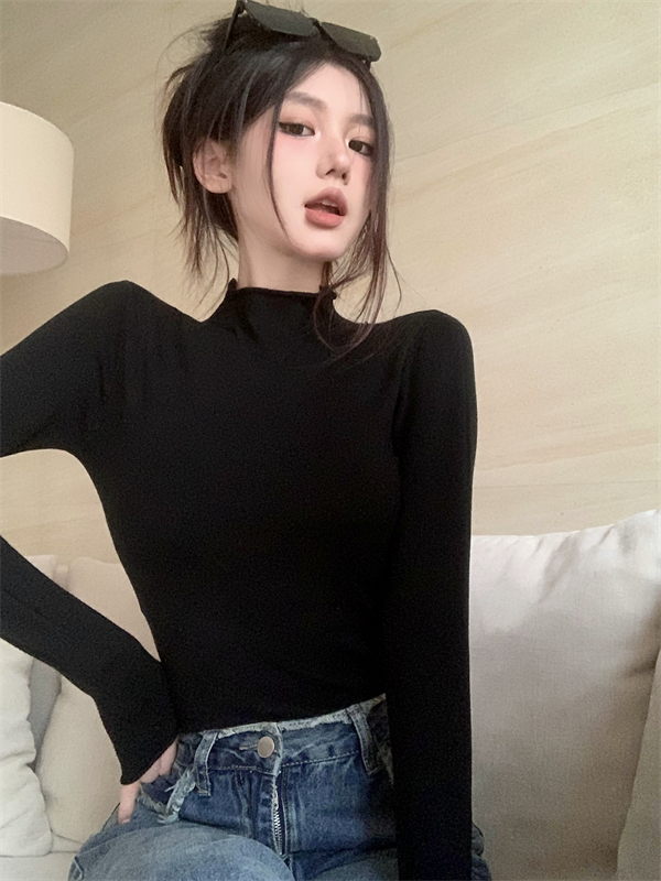 Black long-sleeved sweater tops for women, new autumn style inner bottoming shirt, slim half turtleneck