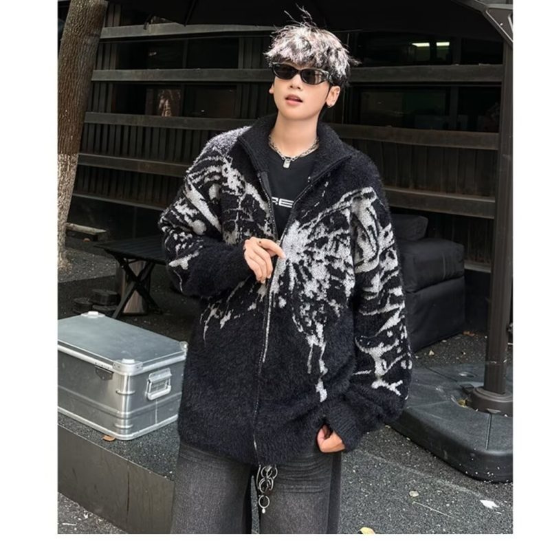 American Retro Butterfly Jacquard Stand Collar Cardigan Sweater Men's Trendy Brand Lazy Loose Knitted Jacket
