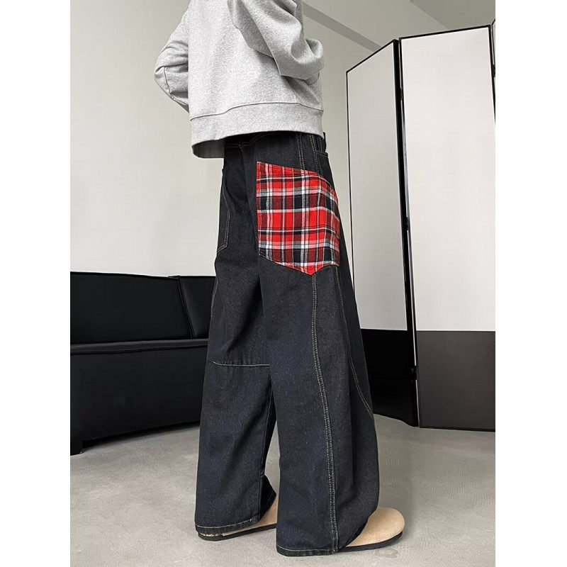 Retro Big Pocket Scimitar Work Jeans Men's Autumn Trendy Plaid Wide Leg Floor-Mopping Pants