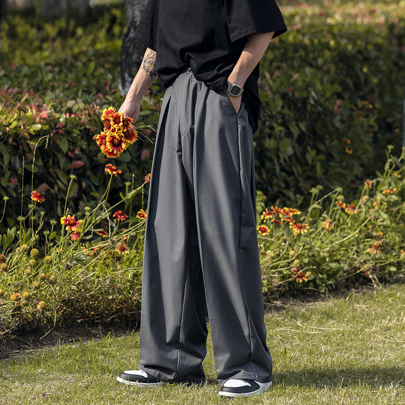Retro Hong Kong style wide leg suit pants for men ins high street design drape floor mopping casual pants trendy
